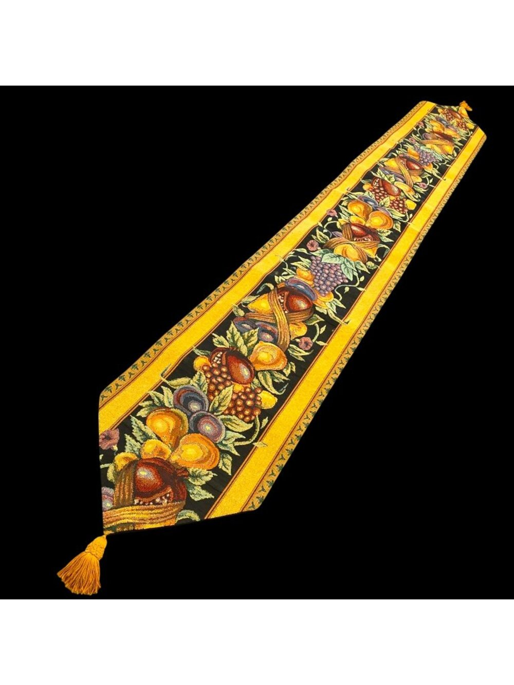 Old World Italy 90" x 12" Flowing Fruits Tapestry Table Runner Tassels Gold